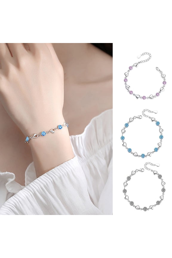 Women Bracelet Heart Shape Charm Blue Rhinestone Adjustable Length Alloy Ocean Theme Wrist Jewelry Holiday Birthday Gift