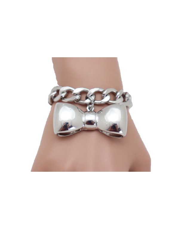 Women Bracelet Silver Metal Chain Bow Tie Ribbon Charm