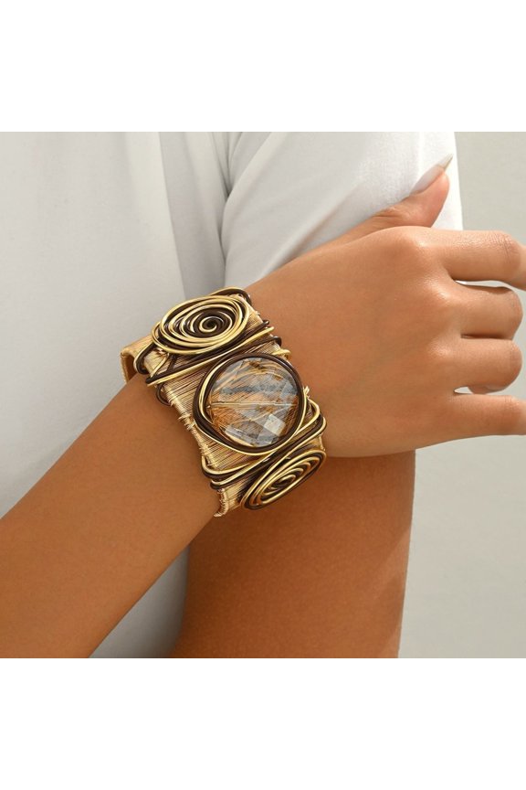 Women Bracelet Twisted Design Stone Inlay Open Cuff Bangle Jewelry Accessory Vintage Style Wristwear for Daily or Gift Use