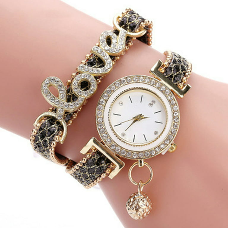 Women Bracelet Watches Ladies Love Leather Strap Rhinestone Quartz Wrist  Watch