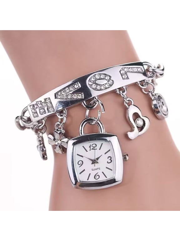 Women Bracelet Watches with Love Letters Rhinestone Inlaid Chain Bracelet Luxury Design Flower Pendant Wristwatch Charm Dangle Square Pendant Dial Quartz Movement Lady Accessories Daily Wear Gift