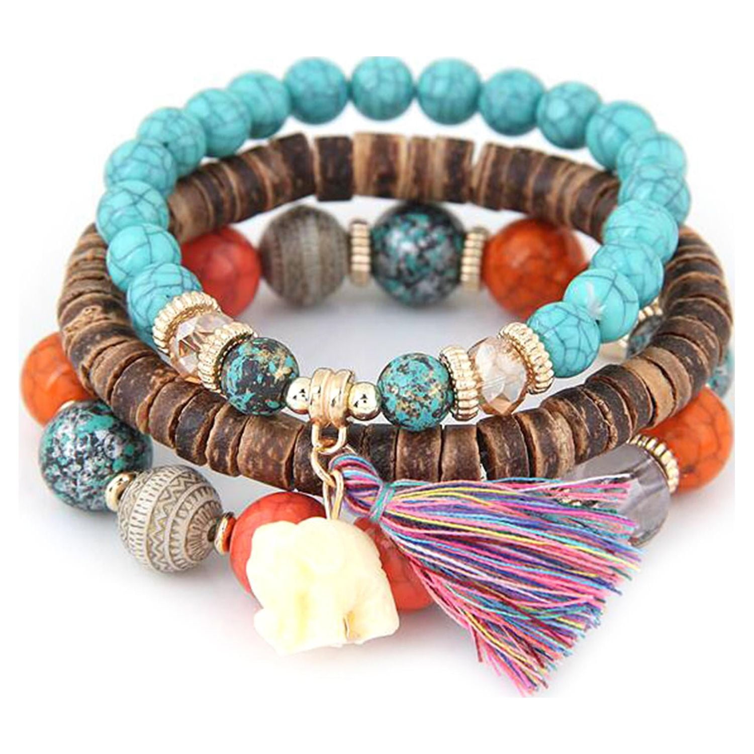 Women Bracelets Wood Beads Bracelets Boho Small Elephant Charm ...