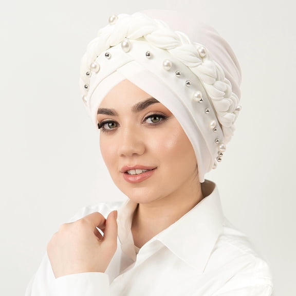Women Braided Plaits Beads Stretch Turban Beanie Hat Hair Headband Elastic Cap