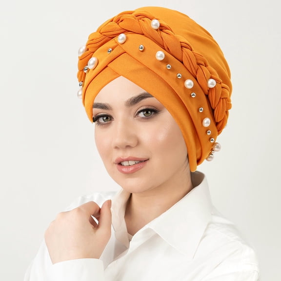 Women Braided Plaits Beads Stretch Turban Beanie Hat Hair Headband Elastic Cap