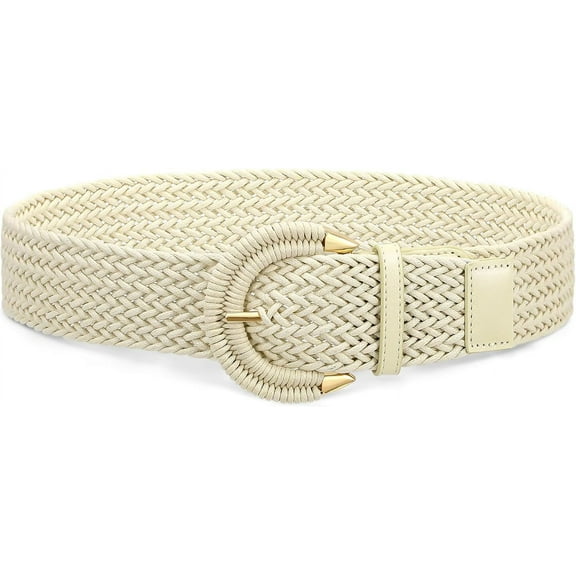 Women Braided Rattan Wide Belt Woven Waist Belt With Half-Circle Buckle for Summer Dress Jeans Pants