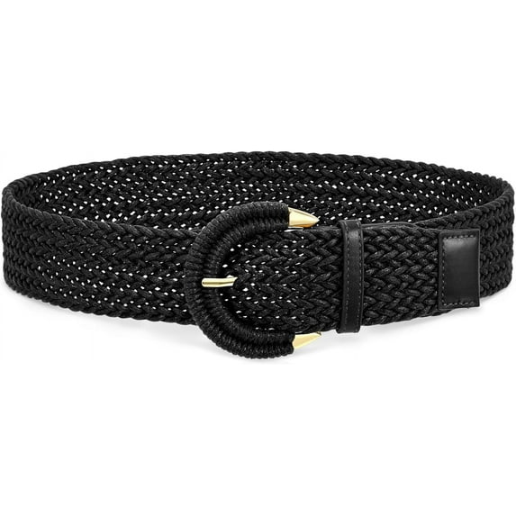 Women Braided Rattan Wide Belt Woven Waist Belt With Half-Circle Buckle for Summer Dress Jeans Pants
