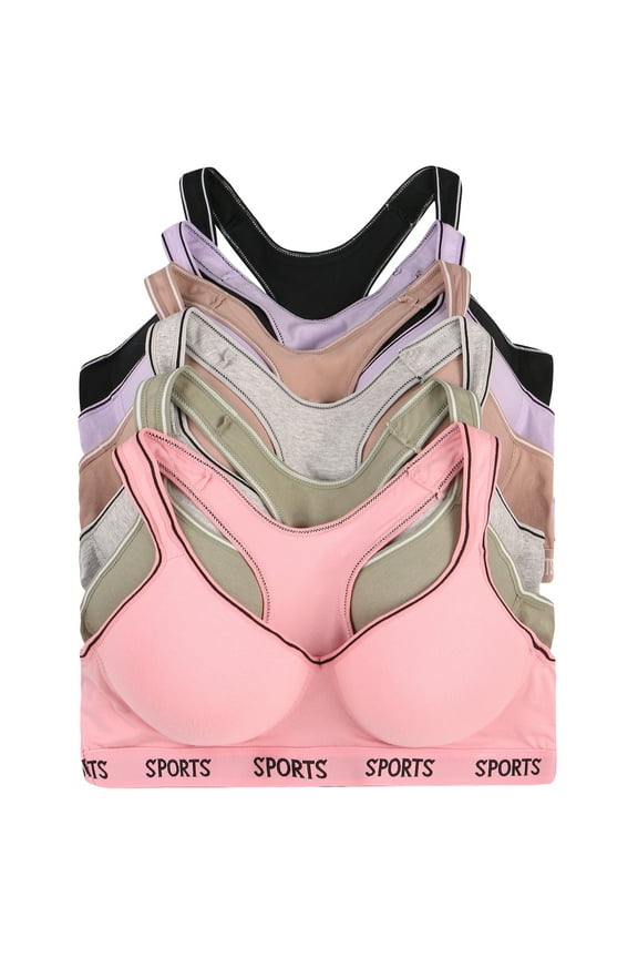 Women Bras 6 Pack of Cotton Sports Bra with B C D Cup 34B (S6825)