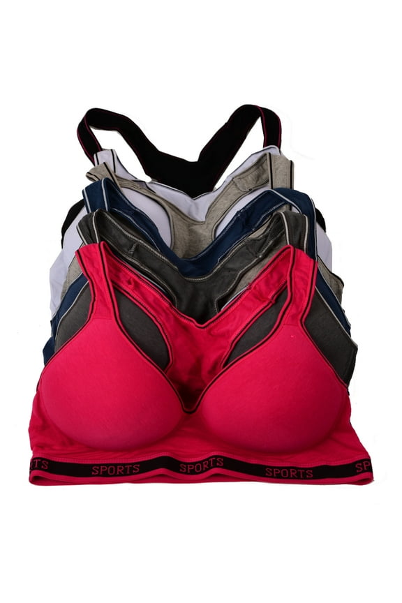Women Bras 6 Pack of Cotton Sports Bra with B cup C cup D cup Size 36C (6648)