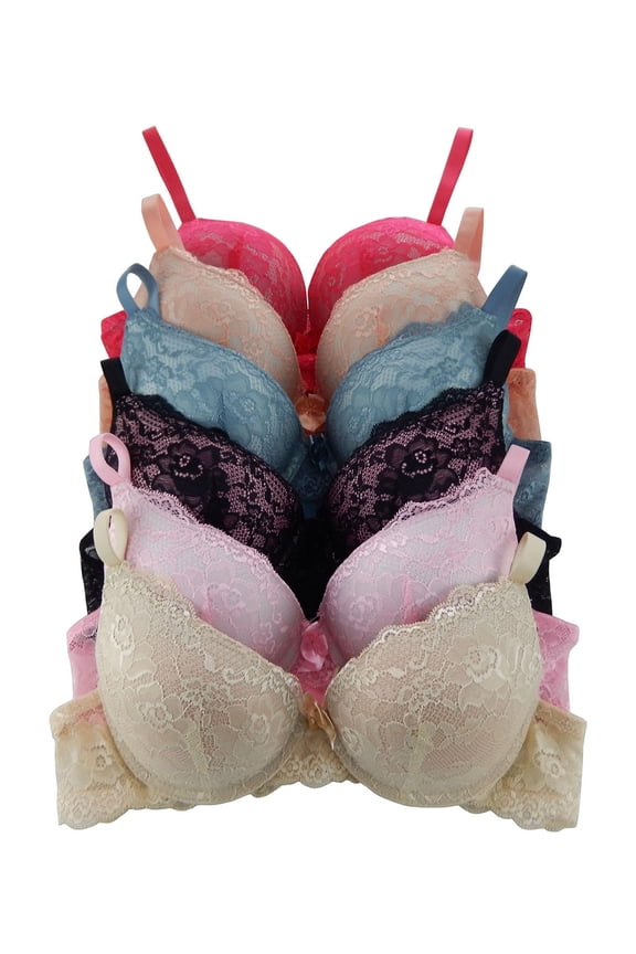 Women Bras 6 Pack of Double Pushup Lace Bra B cup C cup Size 36C (9904)