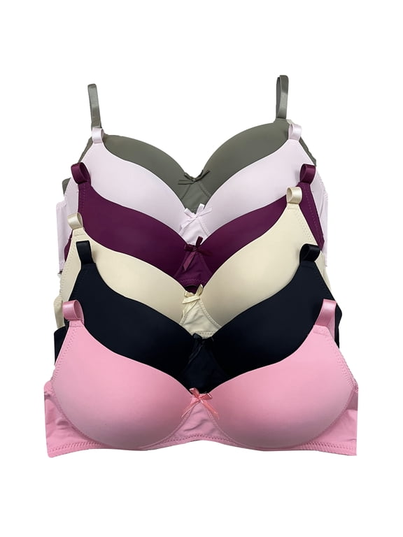 Women Bras 6 Packs of T-Shirt Comfortable Everyday A B C D DD DDD Cups Full Coverage Wire Free Bra 34B (W3912)