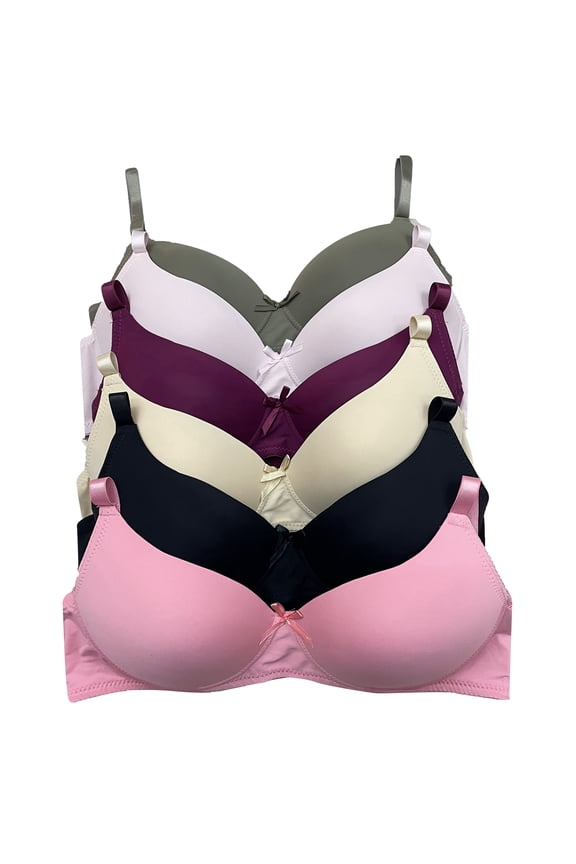 Women Bras 6 Packs of T-Shirt Comfortable Everyday A B C D DD DDD Cups Full Coverage Wire Free Bra 34D (W3912)