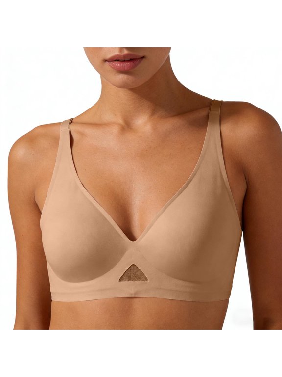 Women Bras Wireless Seamless Deep V Neck Khaki Nylon Spandex Comfortable Everyday Bras,Size L