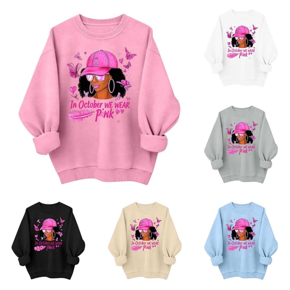 Women Breast Cancer Awareness Graphic Crewneck Sweatshirt Loose Long Sleeve No Hood Casual Pullover Top White