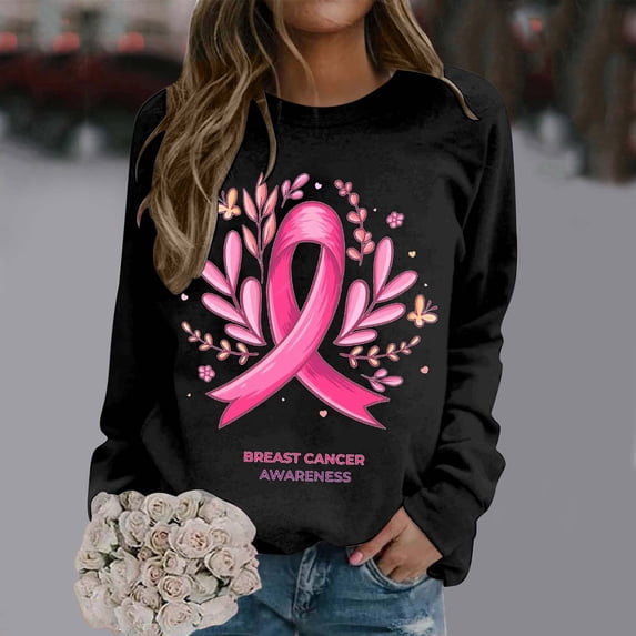 Women Cancer Awareness Pink Ribbon Graphic Sweatshirt, Casual Crew Neck Long Sleeve Pullover Top(A01_Black,L)