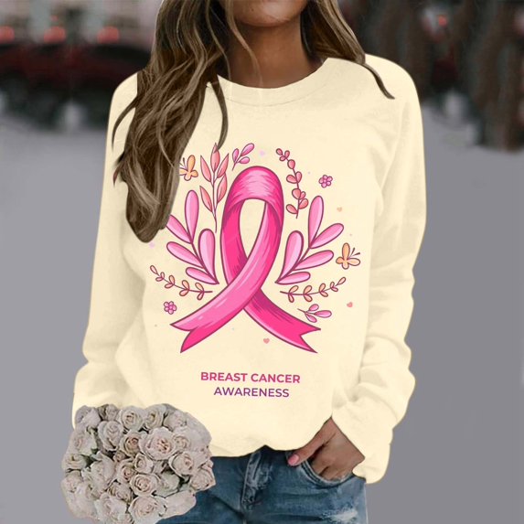 Women Cancer Awareness Pink Ribbon Graphic Sweatshirt, Casual Crew Neck Long Sleeve Pullover Top(A01_Yellow,XXL)