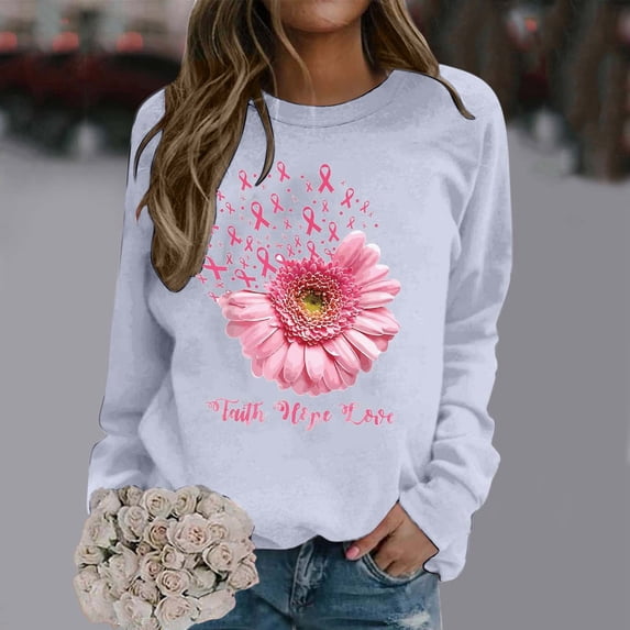 Women Breast Cancer Awareness Pink Ribbon Graphic Sweatshirt, Casual Crew Neck Long Sleeve Pullover Top(B02_Light Gray,M)