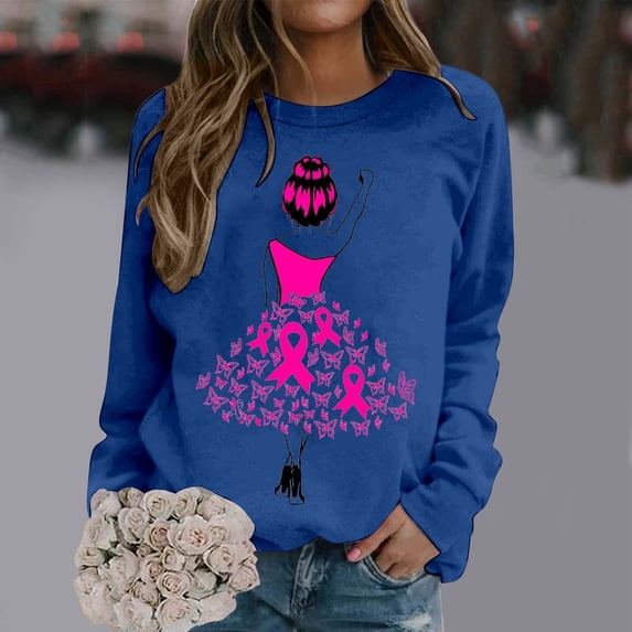 Women Cancer Awareness Pink Ribbon Graphic Sweatshirt, Casual Crew Neck Long Sleeve Pullover Top(C03_Blue,L)