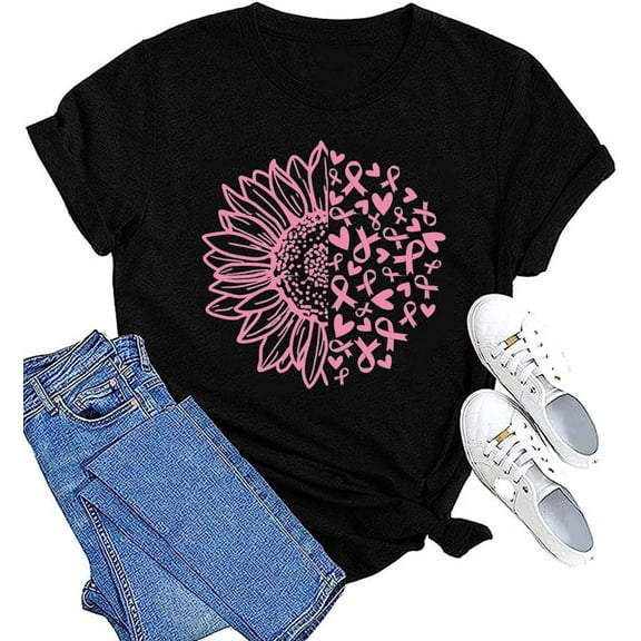 Women Breast Cancer Awareness Pink Ribbon Shirt Believe Faith Strong Heart Graphic Tops Cancer Fighter Tee