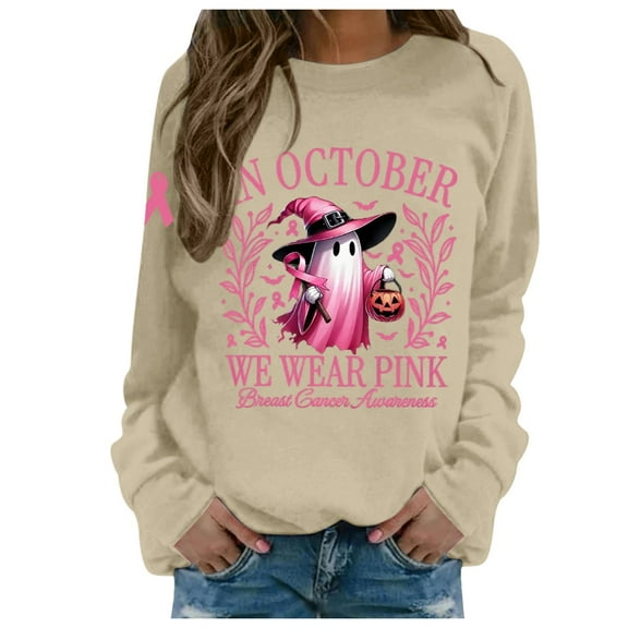 Women Cancer Awareness Pullover in October Pink Ghost Halloween Sweatshirts Short Sleeve Crewneck Pink Ribbon Survivor Gifts Tops