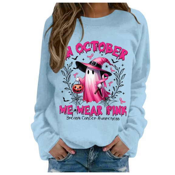 Women Cancer Awareness Pullover in October Pink Ghost Halloween Sweatshirts Short Sleeve Crewneck Pink Ribbon Survivor Gifts Tops
