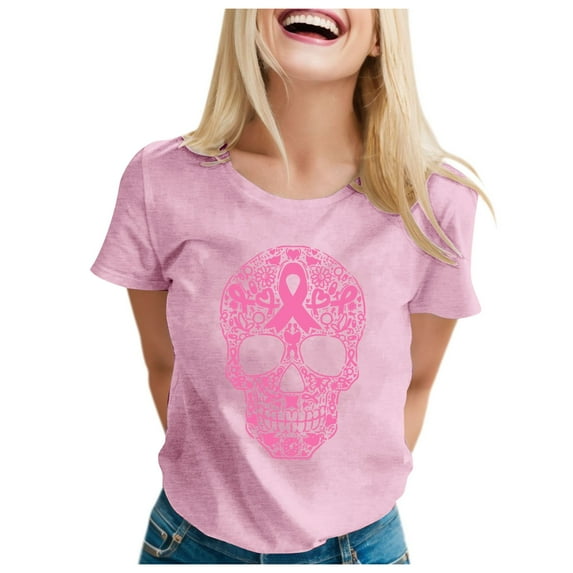 Women Cancer Awareness Shirts in October Pink Skull Halloween Tees Short Sleeve Crewneck Pink Ribbon Survivor Gifts Tops
