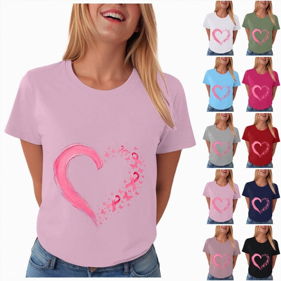 Women Breast Cancer Print T Shirt Short Sleeve Women Short Sleeve Round Neck Tee Comfy Casual Vacation Clothes