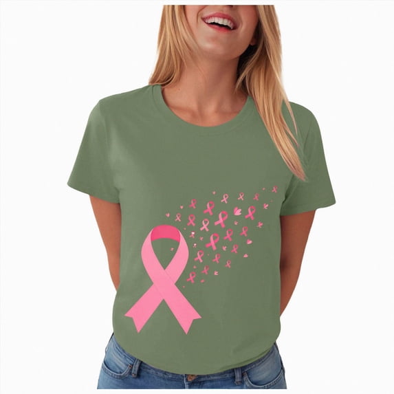 Women Breast Cancer Print T Shirt Short Sleeve Women Short Sleeve Round Neck Tee Womens Basic T Shirts Tops