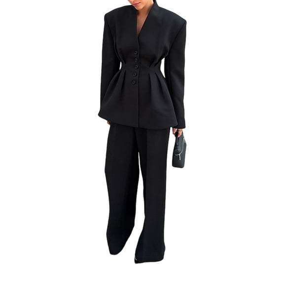Women Breasted Blazer Pants Suit 2 Piece Outfits Casual Long Sleeve Blazer Set for Work Business Black L