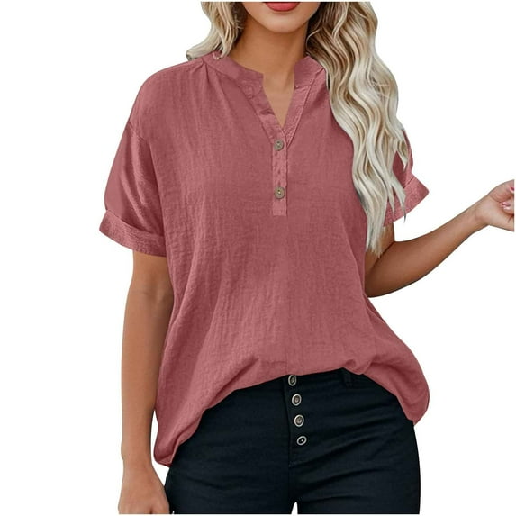 Women Breathable Cotton Linen T-Shirt Button V Neck Blouse Solid Color Short Sleeve Tops Lightweight Loose Fit Blouses Leisure Comfort Summer Cooling Shirt Everday Wear