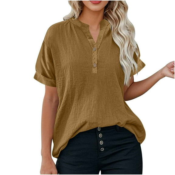 Women Breathable Cotton Linen T-Shirt Button V Neck Blouse Solid Color Short Sleeve Tops Lightweight Loose Fit Blouses Leisure Comfort Summer Cooling Shirt Everday Wear