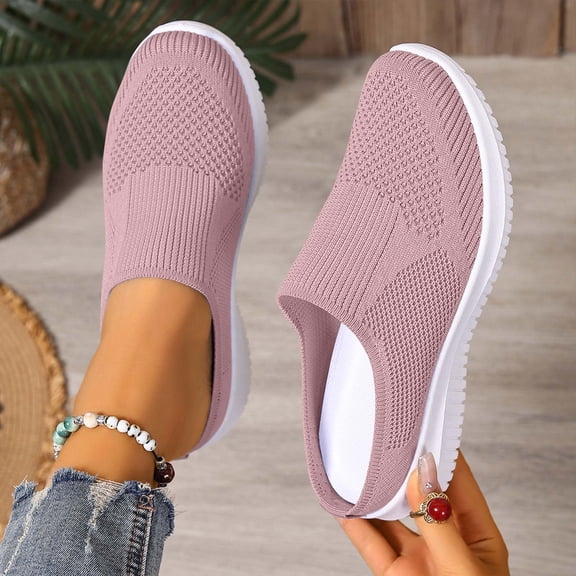 Women Breathable Fly Knit Backless Mule Sneakers Slip On Mesh Flat Soft Sole Walking Slides