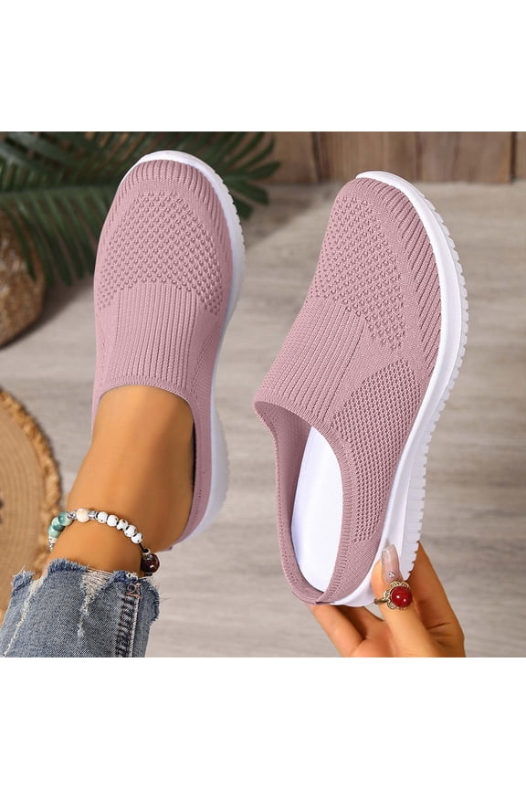 Women Breathable Fly Knit Backless Mule Sneakers Slip On Mesh Flat Soft Sole Walking Slides