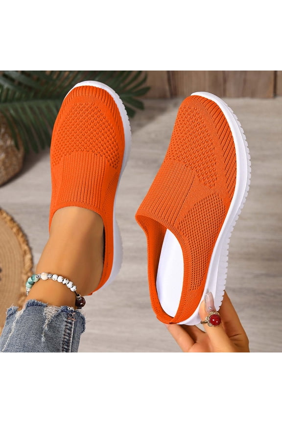 Women Breathable Fly Knit Backless Mule Sneakers Slip On Mesh Flat Soft Sole Walking Slides