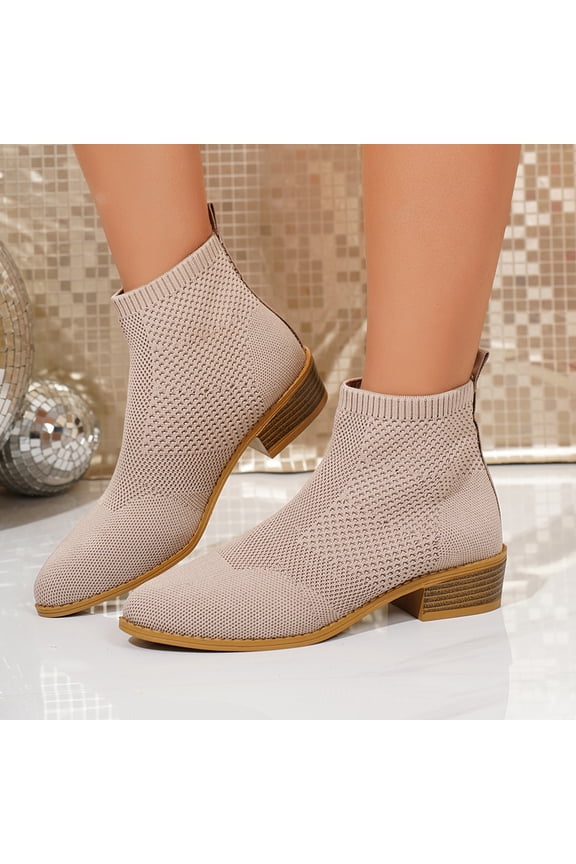 Women Breathable Hollow Fly Knit Sock Ankle Boots Pointed Toe Stacked Wood Low Block Heel Slip On Stretch Short Booties