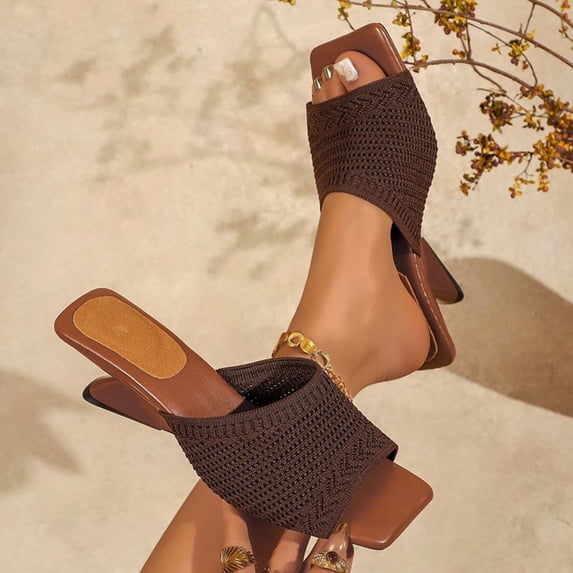 Women Breathable Hollow Knit Wide Strap Square Toe Special Wave Wedge Heel Slip On Summer Slide Mules Brown 7.5