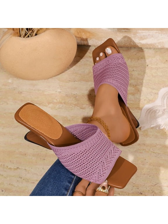 Women Breathable Hollow Knit Wide Strap Square Toe Special Wave Wedge Heel Slip On Summer Slide Mules Purple 9