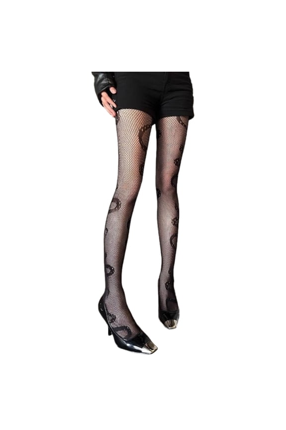 Women Breathable Hollowout Snake Print Fishnets Tights Stretchable Waistband Thin Nylon Pantyhose For Casual Outfits