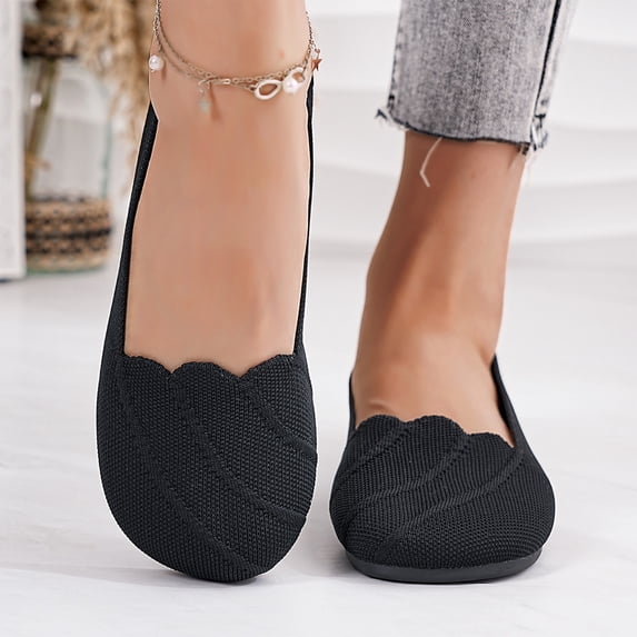 Women Breathable Knit Fabric Slip On Flats Scalloped Edge Round Toe Soft Flexible Non Slip Casual Walking Shoes