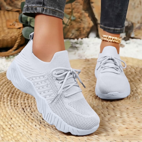 Women Breathable Knit Lace Up Walking Sneakers, Thick Cushioned Sole Lightweight Daily Commute Casual Outdoor Footwear Gray 7.5