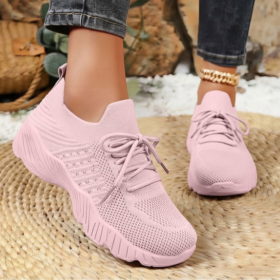 Women Breathable Knit Lace Up Walking Sneakers, Thick Cushioned Sole Lightweight Daily Commute Casual Outdoor Footwear Pink 6
