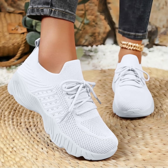 Women Breathable Knit Lace Up Walking Sneakers, Thick Cushioned Sole Lightweight Daily Commute Casual Outdoor Footwear White 7.5