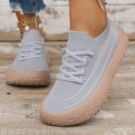 Women Breathable Knit Slip On Sneakers, Lace Up Walking Shoes, Lightweight Thick Platform Non Slip Comfort Casual Running Trainers Gray 6.5(38)