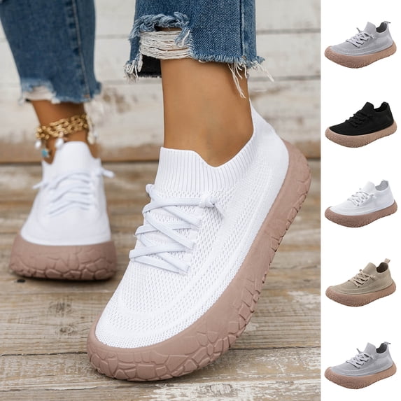 Women Breathable Knit Slip On Sneakers, Lace Up Walking Shoes, Lightweight Thick Platform Non Slip Comfort Casual Running Trainers White 9.5(43)