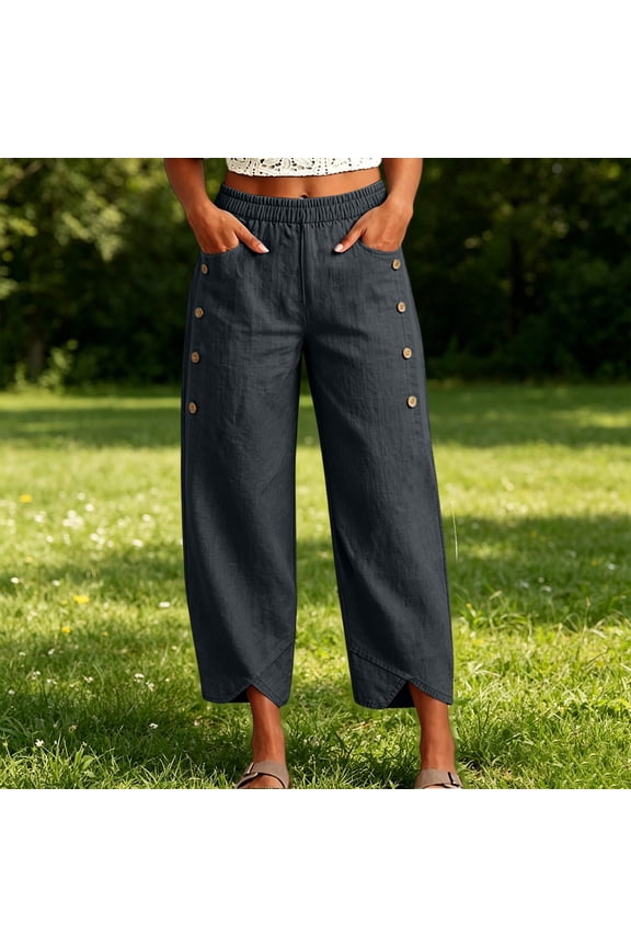 Women Breathable Linen Cropped Wide Leg Palazzo Capris Elastic Waist Relaxed Boho Summer Beach Casual Pants Dark Gray M