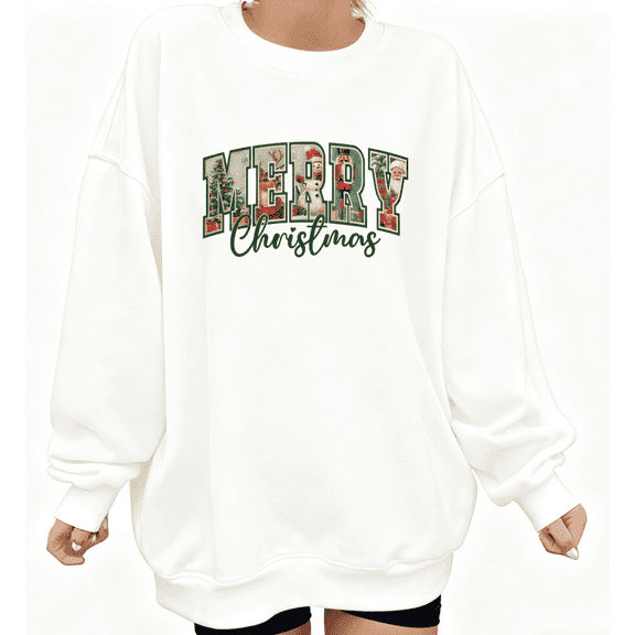 Women Breathable Merry Christmas Vintage Graphic Tee T-Shirt Top Print Round-neck long-sleeved white S-3XL