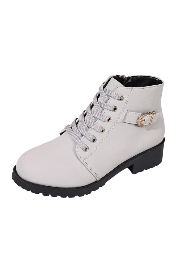 Women British Style Ankle Combat Boots Round Toe Lace up Side Zipper Short Booties Chunky Platform Low Block Heel Casual Footwear Gray 5.5(36)