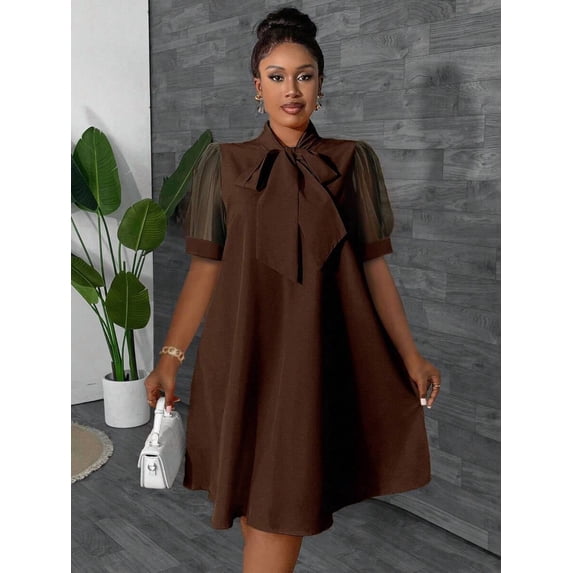 Women Brown Bow Neck Short Sleeve Mesh Patchwork A-Line Dress