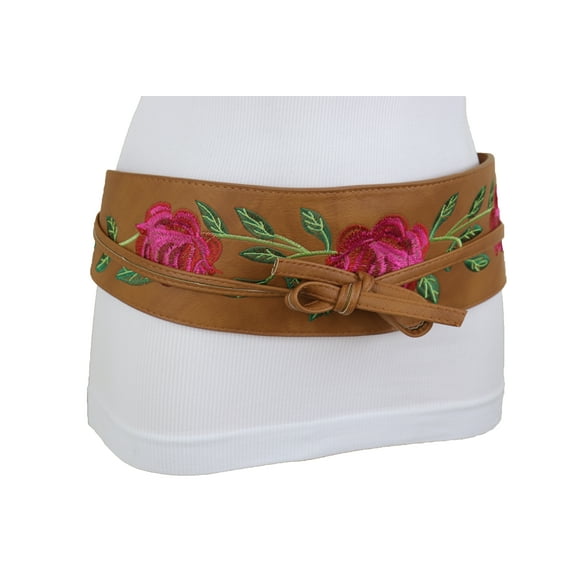 Women Brown Faux Leather Asian Kimono Tie Belt Red Flowers S M