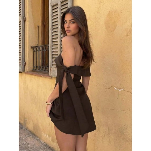 Women Brown Off Shoulder High Waist Mini Dress, European American Elegant Casual Dress, Chic Summer Outfit for Dating and Party Occasions