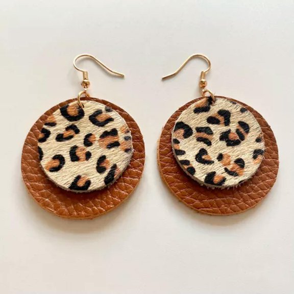 Women Brown Skin Texture Leather & Star Geometry Leopard Vintage Dangle Earrings